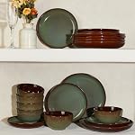 Plates and Bowls Set, POKINI 12 Pieces Stoneware Dinnerware Set, Handmade Reactive Glaze Dish Sets, Scratch Resistan Round Ceramic Dishes Set for 4, Dishwasher & Microwave Safe, Brown Green