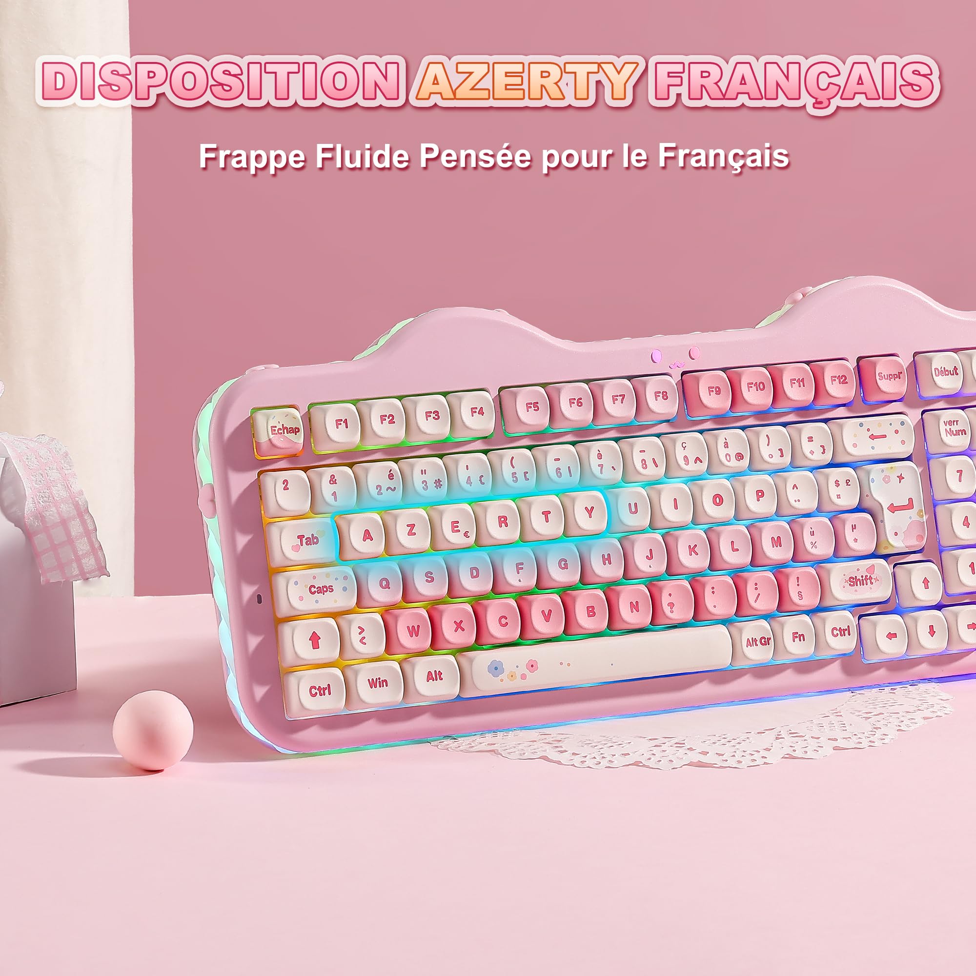 YUNZII C98 AZERTY Clavier Gamer Mécanique sans Fil Gâteaux (Rose, Milk V2)