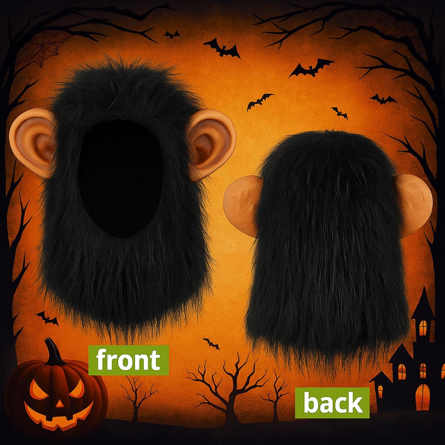 Half Face Monkey Fance Mask for Halloween Black Fur with Latex Ear Half Face Animal Fance for Adult Women Men Cosplay Prop Halloween Costume Party Supply