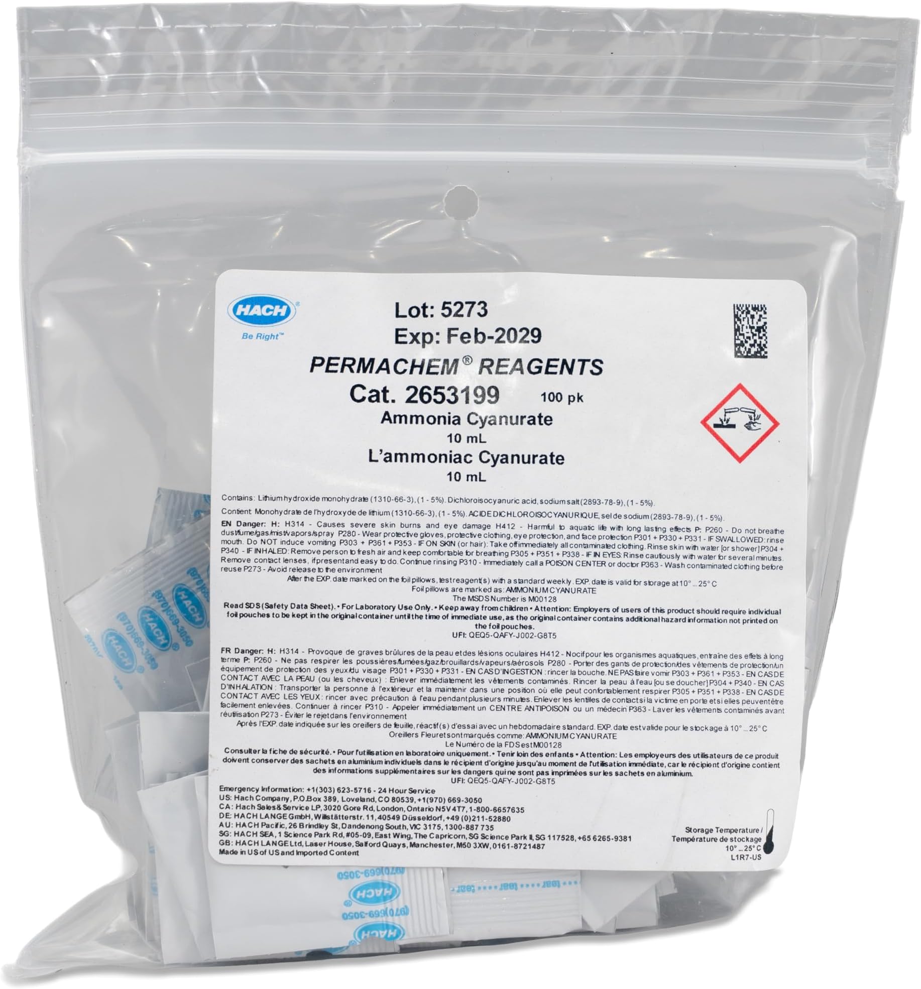 Hach Ammonia Cyanurate Reagent Powder Pillows, 10 mL, 100/pk, 2653199 | Salicylate Method, Hach Method 8155, Range 0.01-0.50 mg/L NH3-N, Industrial Wastewater