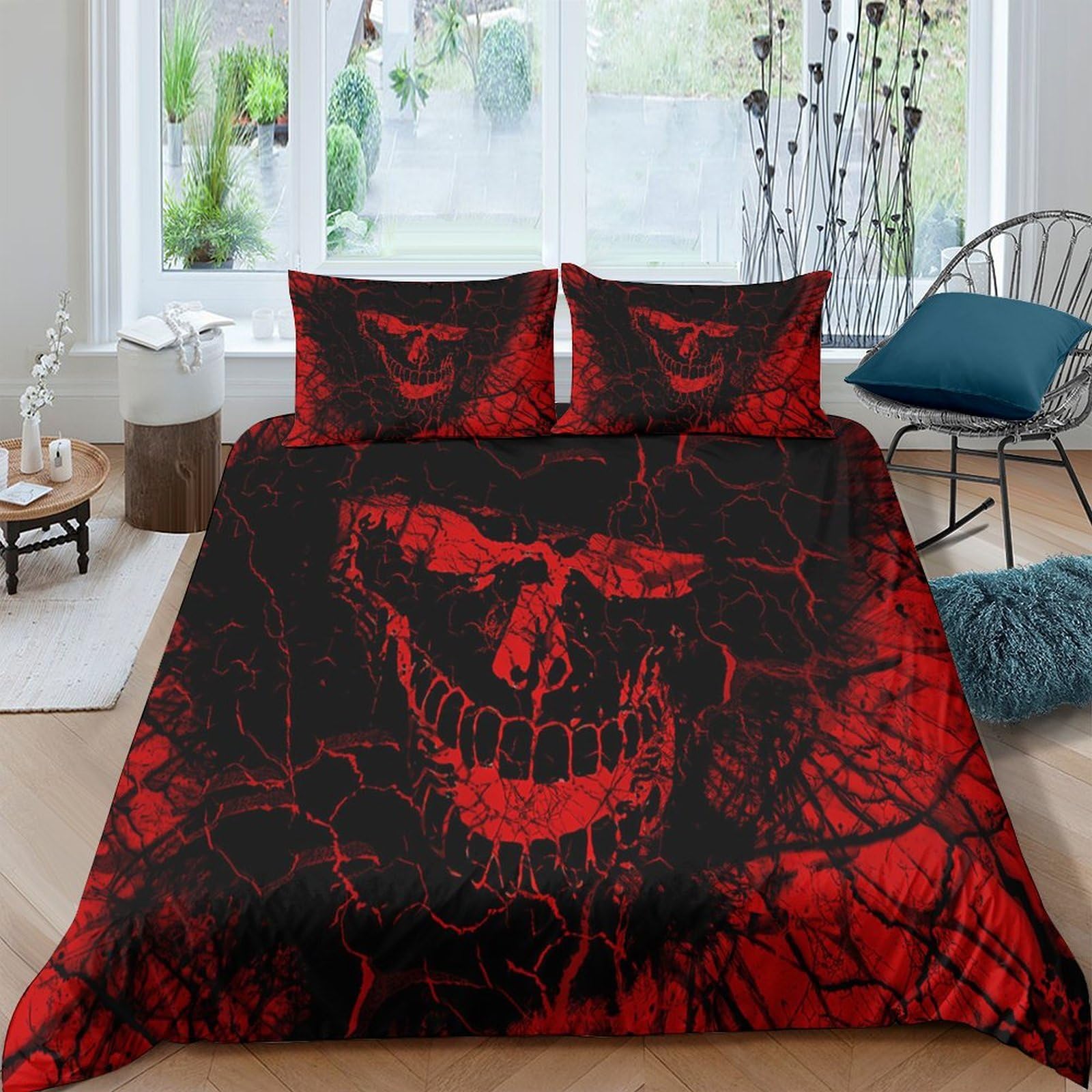 Ctjqhvkz Style-3 3D Printed Red Skull Fitted Sheet Microfiber Soft Breathable Gothic Horror Mattress Cover For Bedroom Dorm Decoration Single（135X200cm）