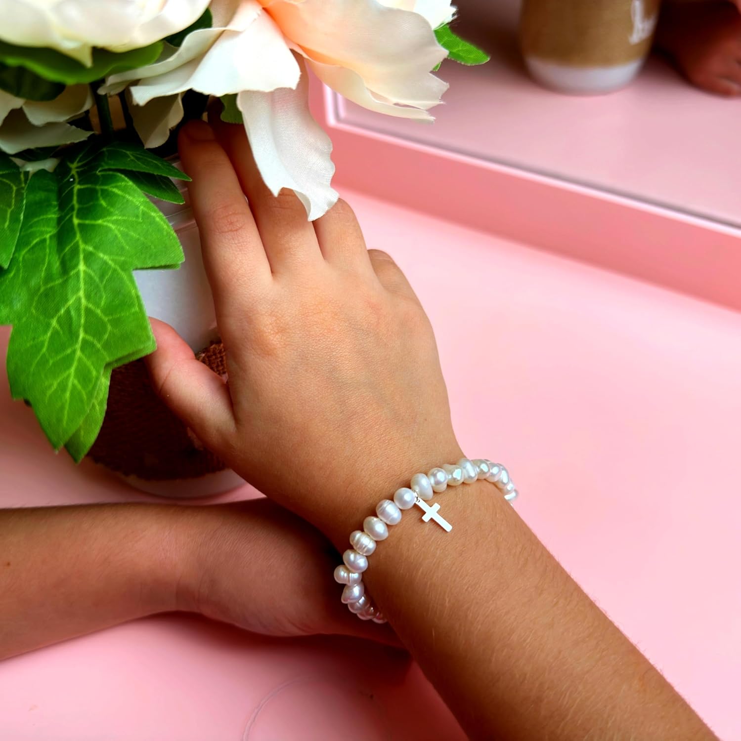Baby Crystals Beaded Bracelets for Girls, Sterling Silver Cross Charm Bracelet White Cultured Freshwater Pearl, Baby Girl Keepsake, Christening, Baptism Gifts for Girl - Image 4