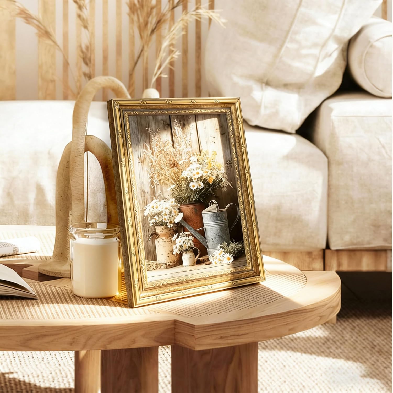 Vintage Gold Framed Wall Art, Farmhouse Rustic Daisy Canvas Prints, White Daisies with Rustic Kettle Artwork, 12x16In, Living Room Bedroom Dining Room Decor