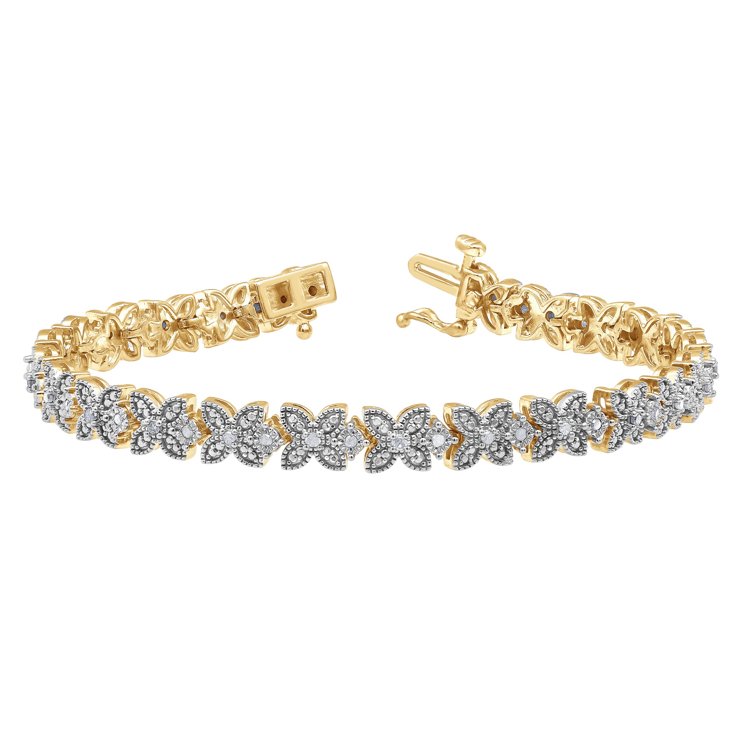 1/2 Carat Flower Designed Diamond Tennis Bracelet for Women (J-K, I3) in Flash-plated Sterling Silver | Fine Jewelry for Her | Gift Box Included (14K Yellow & Rose Gold-plated)