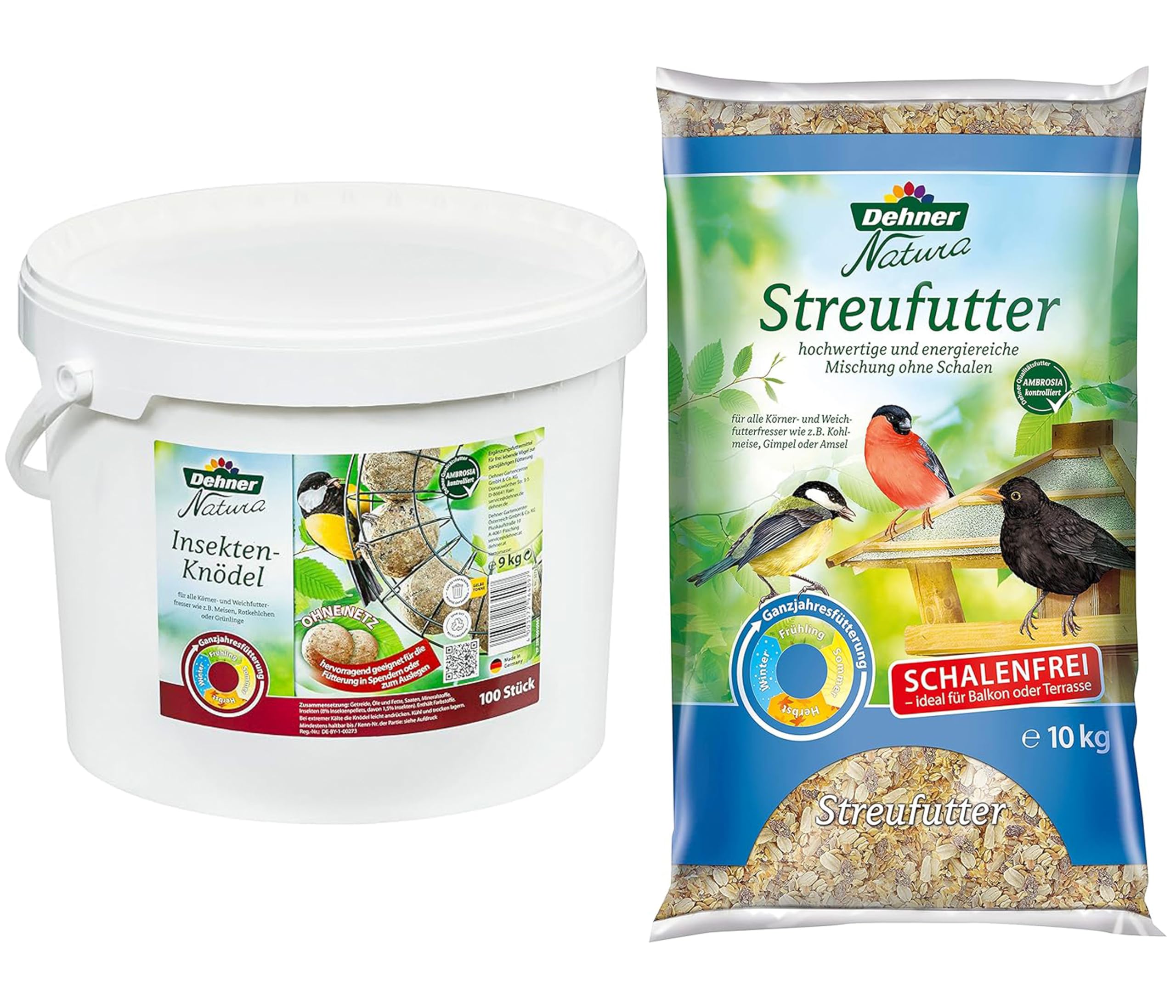 Dehner Natura Wildvogelfutter, Insekten-Knödel, ohne Netz, 100 Stück (10 kg) & Natura Wildvogelfutter, schalenfreies Streufutter, 10 kg