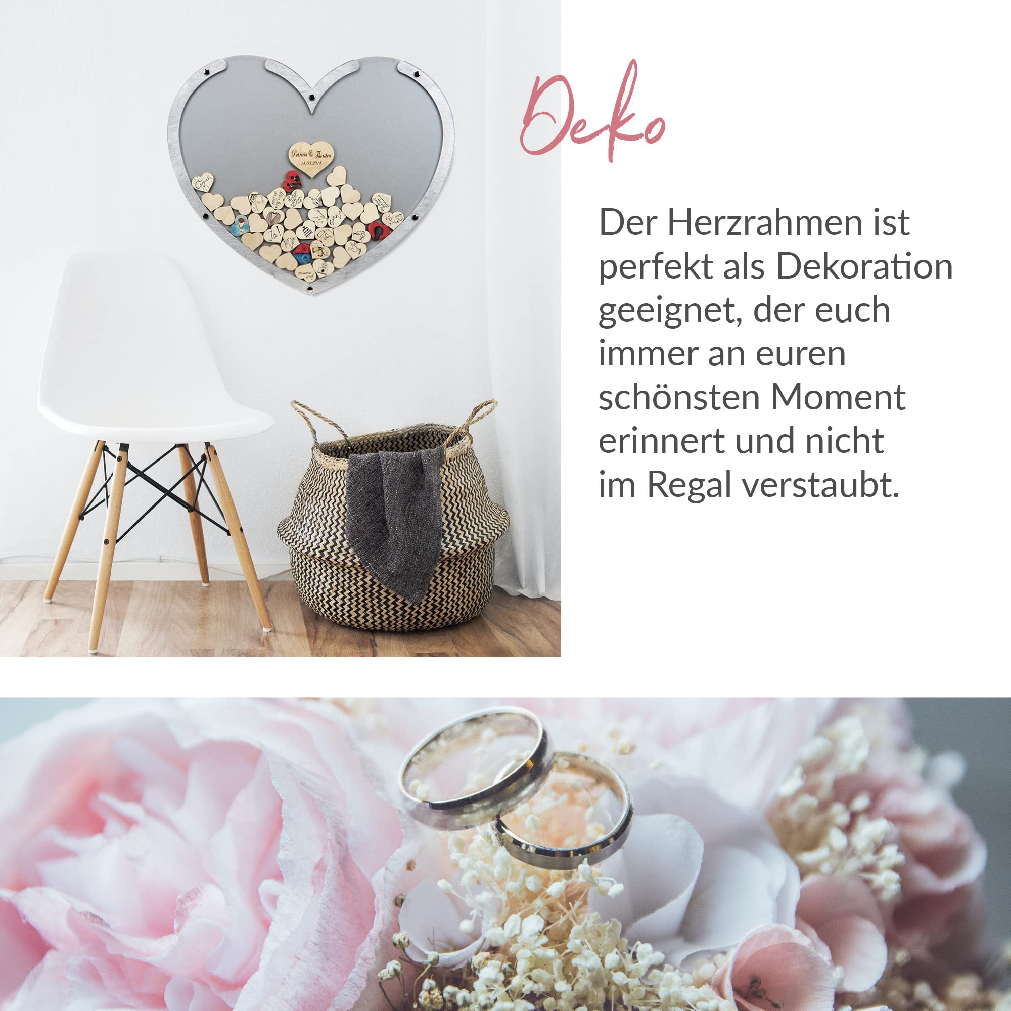 Edles Hochzeitsgästebuch, Herzform, Silber, Holz Herzchen - Personalisierbar mit Wunschgravur (Dekor Silber, L - 50 x 40 cm)