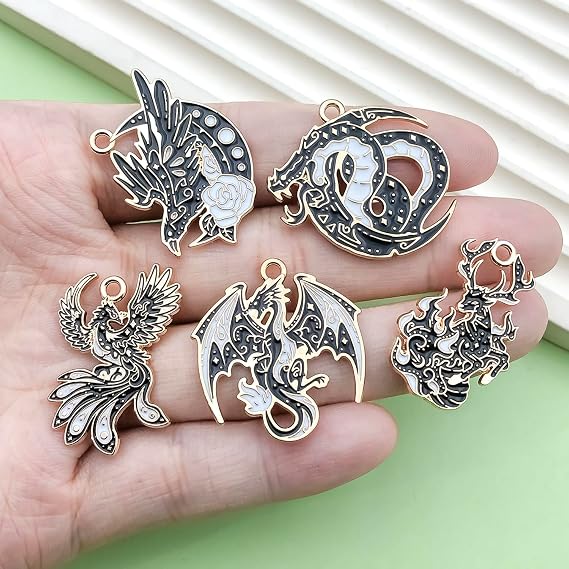 Sailanzi 12pcs Alloy enamel black Gothic style animal flying dragon fox series Pendant Jewelry Making DIY Keychain Earrings Pendant Various Design Charms for Jewelry Making Bracelets Necklace (SN981)