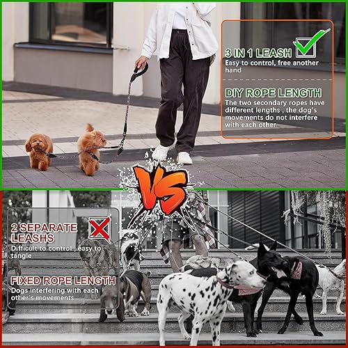 Miniatura 5 de Correa doble para perro para dos perros, desmontable giratoria de 360, correa sin enredos con tiras reflectantes para caminar y entrenar perros