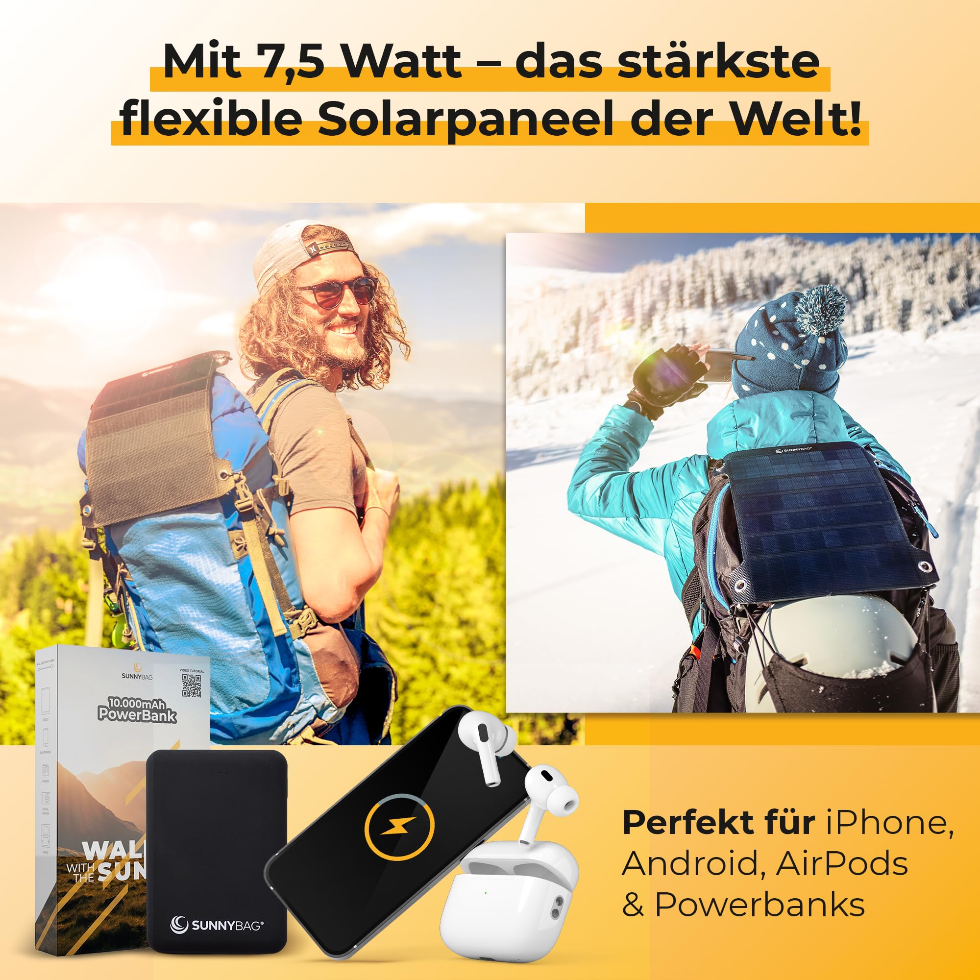 Sunnybag Solarpanel Leaf PRO 7,5 Watt [Ultraleicht, Flexibel, Tragbar, Wasserfest] - solar ladegerät mit USB-Port für Smartphone & Powerbank - Solar Camping - Inkl. USB-C Kabel mit Leistungsanzeige