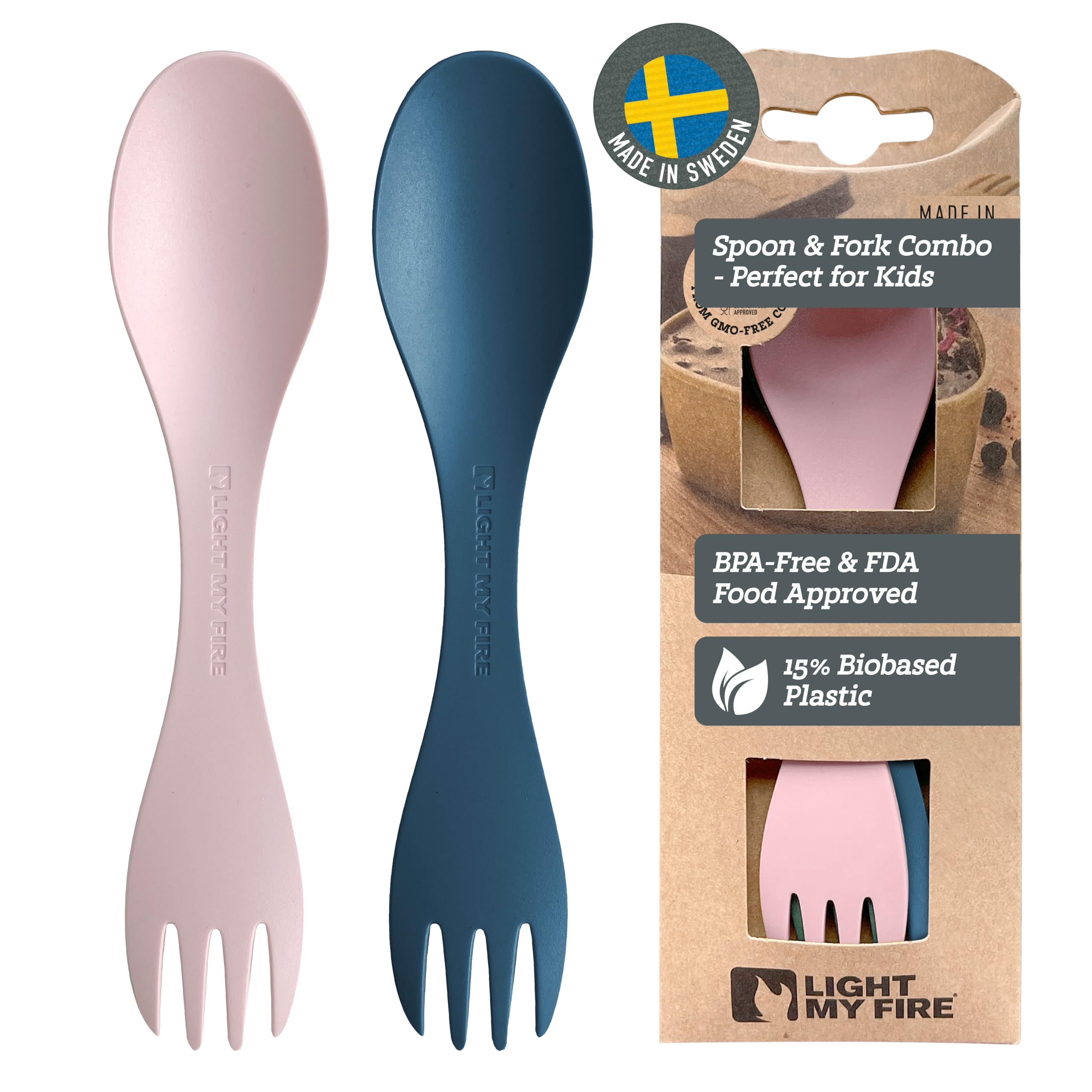 Light My Fire Spork Little 2-in-1 Durable Kids Cutlery Set 3 Year Old 2-Pack Reusable Travel Toddler Cutlery Set, BPA-Free Easy-to-Use Picnic Sporks Plastic Camping Accessories On-the-Go, Blue/Pink