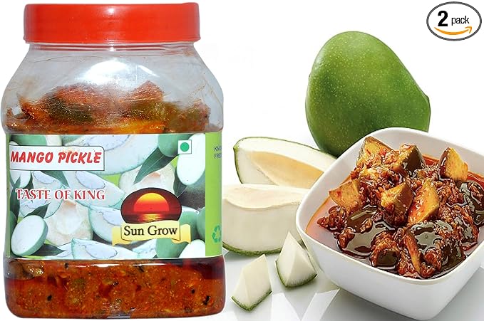 SUN GROW Food Mother Made Herbal Masala Organic Punjabi Mango Pickle (in Kachi-Ghani Mustared Oil) -Peeled/Without Seed with Heeng -Masaledar Aam Ka Achaar 1kg