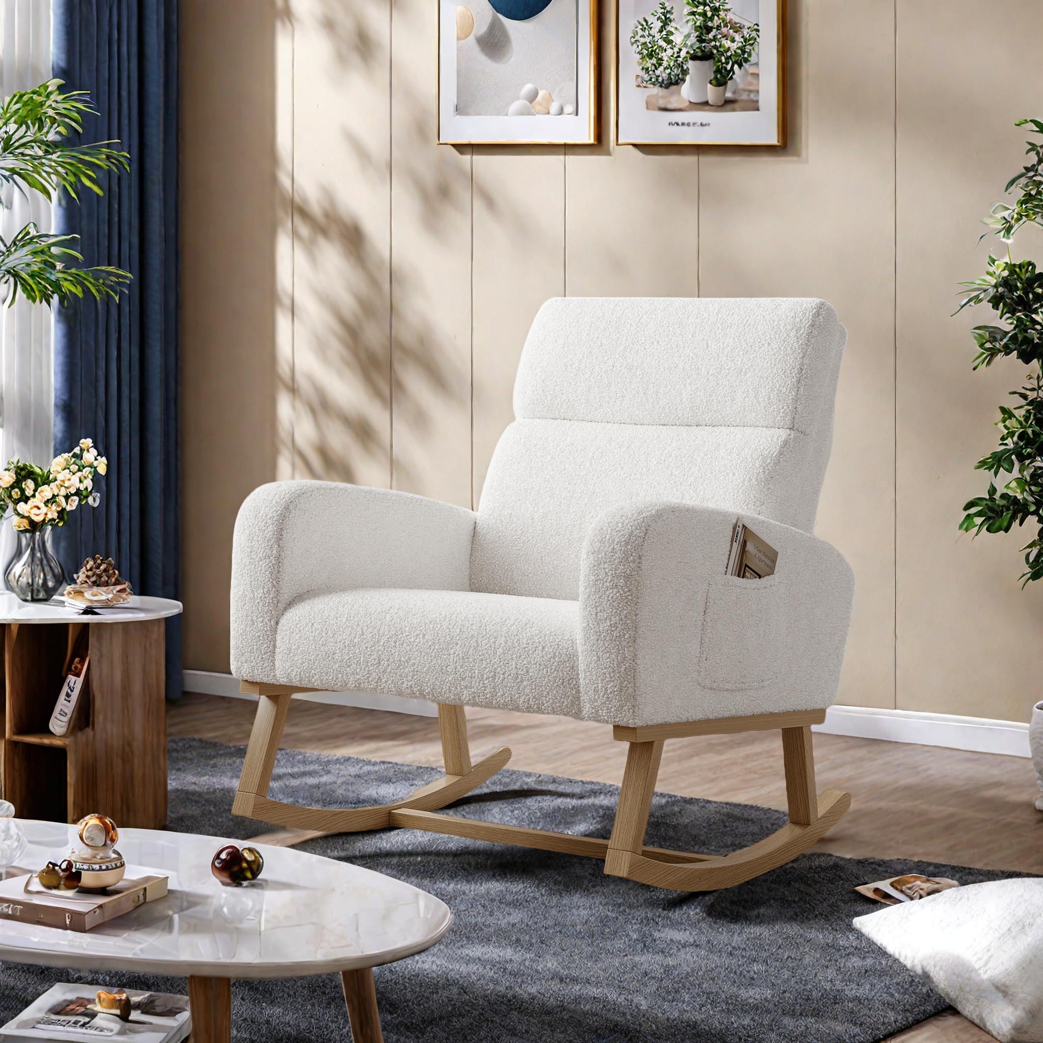 FEEOHOME Fotel bujany, fotel bujany, fotel do pokoju dziecięcego z drewnianymi nogami, fotel do karmienia piersią do sypialni i salonu (biały aksamit Teddy)