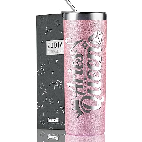 Onebttl Zodiac Gifts for Women, Best Friend Birthday Gifts for Her, 20oz Stainless Steel Tumbler, Engraved Logo Glitter Rose Gold, Aries