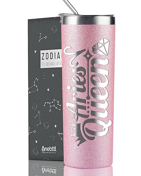 Onebttl Zodiac Gifts for Women, Best Friend Birthday Gifts for Her, 20oz Stainless Steel Tumbler, Engraved Logo Glitter Rose Gold, Aries