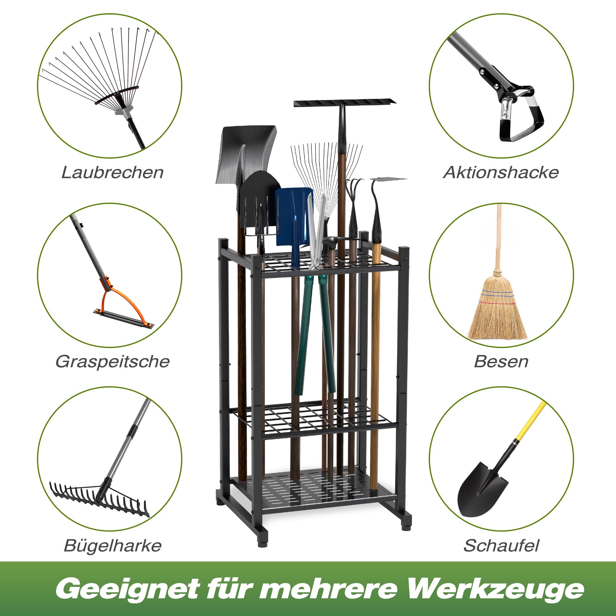 Sttoraboks Garden Tool Organizer, Yard Tool Tower Rack für Garage Organisation und Lagerung, bis zu 35 langstielige Werkzeuge, Heavy Duty Steel Garden Tool Stand für Schuppen, Outdoor, Schwarz
