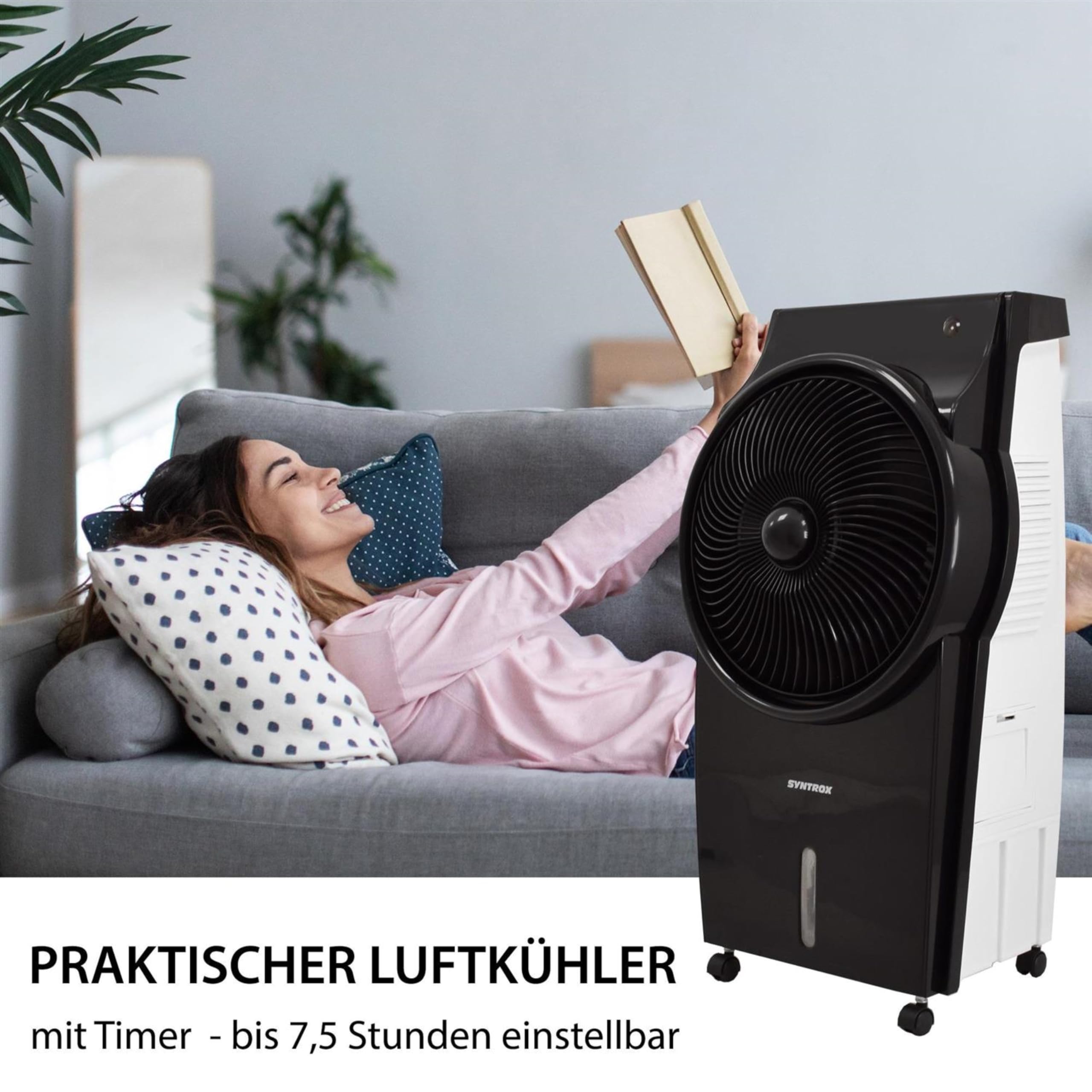 Syntrox Verdunstungskühler Wasser gekühlt Blowy | Ventilator | Wasserkühler, Ventilator mit Luftbefeuchter, 95 Watt, mit Rollen und Fernbedienung, Timer-Funktion