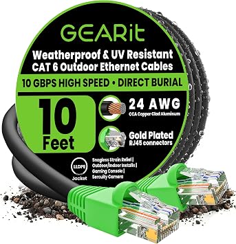 GEARit RJ45 Cat-6 Ethernet Patch Cable, 10Gpbs Transfer Speed, Gold-Plated Connectors, Copper Clad, Outdoor, UV Resistant, Direct Burial, Waterproof, Durable, 10 Foot (3.1 Meters), Black