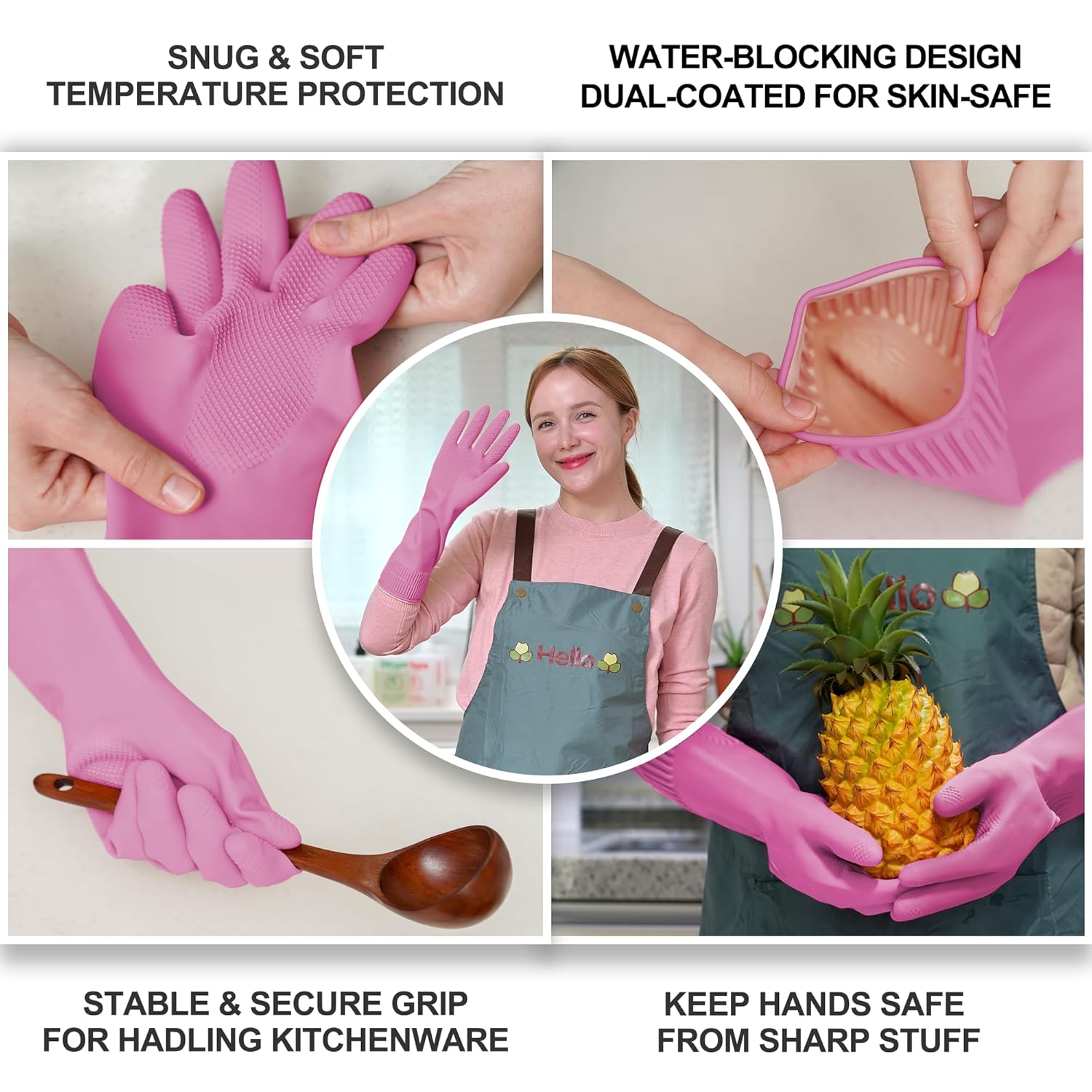 DABOGOSA Rubber Dishwashing Gloves, Non-Slip Kitchen, Pink Medium, 3 Pairs