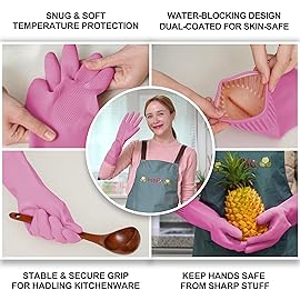 DABOGOSA Mamison 2 Pairs Reusable Waterproof Household Dishwashing Cleaning Rubber Gloves, Non-Slip Kitchen Glove (Pink, Small (Pack of 2))