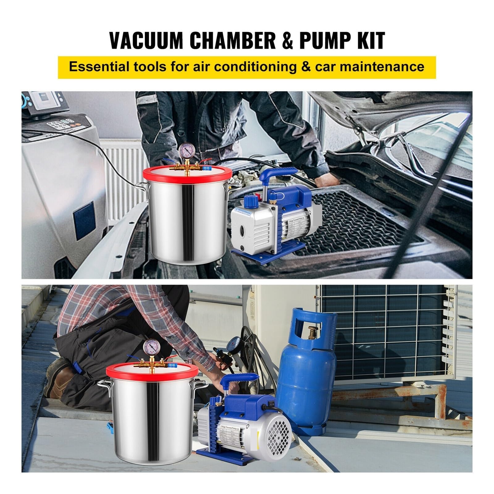 Pompa Próżniowa, Pompa próżniowa 3CFM 1/4HP Chłodzenie z komorą próżniową do domowego pakowania próżniowego Klimatyzacja Konserwacja samochodów(8 L (2 Gallon))