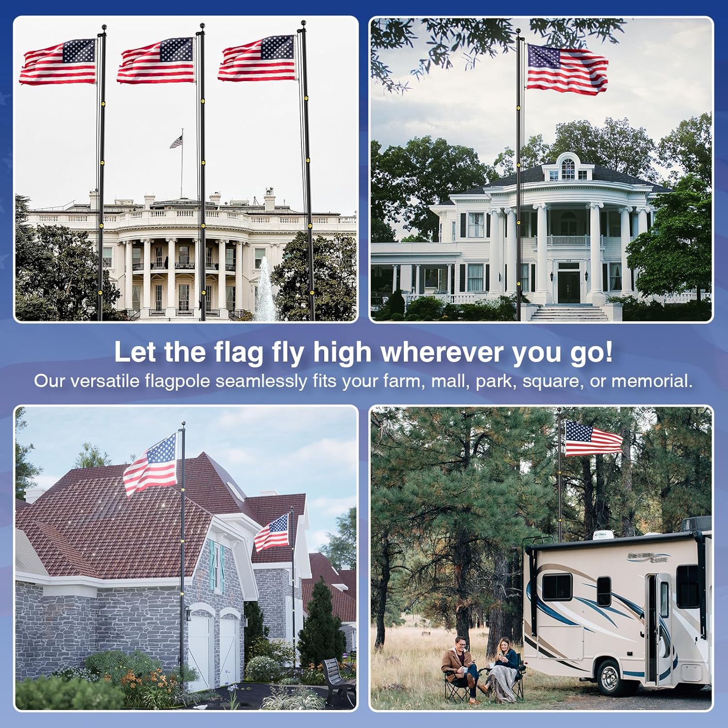 Flag Poles for Outside House in Ground - 20FT Sectional Aluminum Extra Thick Flagpole with Reinforcing Ring, 5x3 US Flag and White Gloves, Heavy Duty Black Flag Poles Kit for Yard or Residential