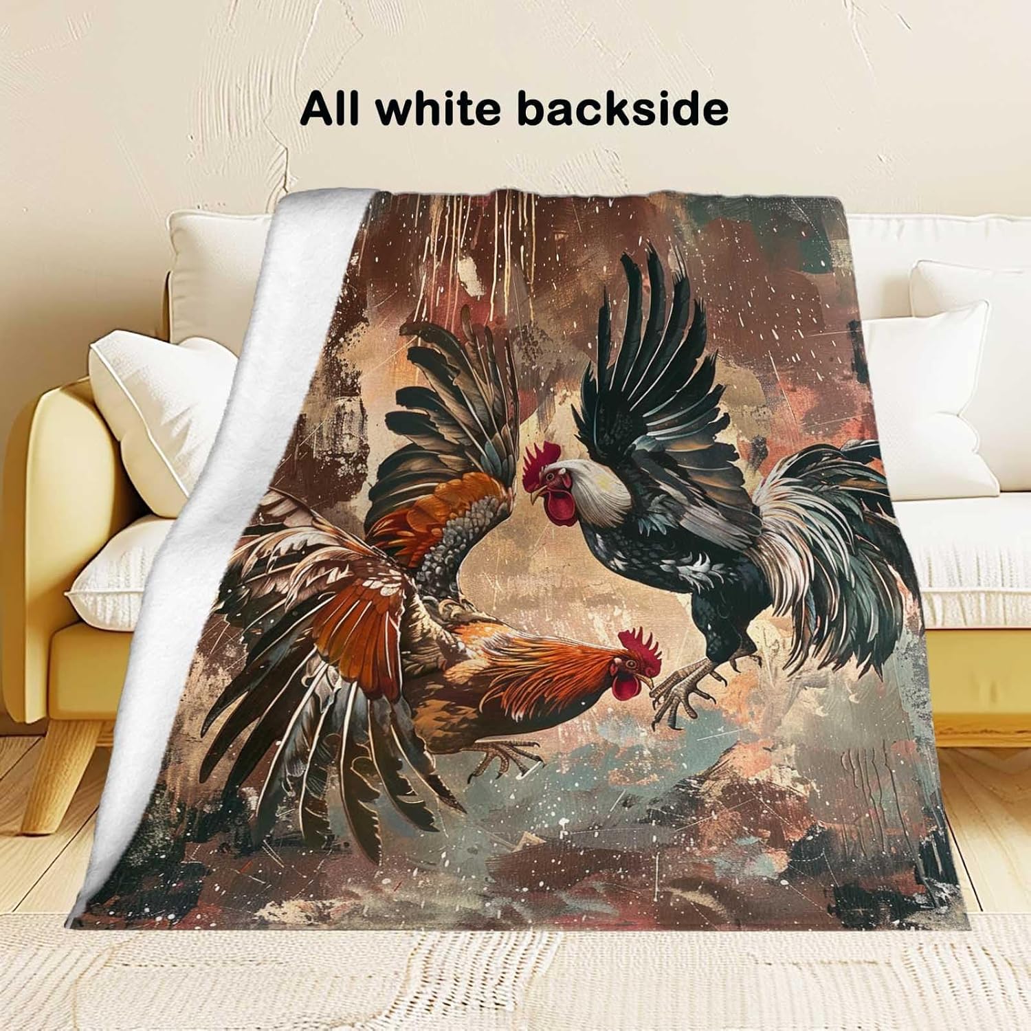 Rooster Battle Theme Blanket, Novelty Animal Chicken Throw Blanket Gifts for Women Men Adults Kids, Soft Lightweight Flannel Fabric, All-Season for Home Decor, Living Room, Outdoor (60"x50")