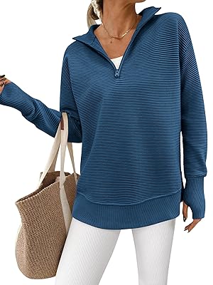 PRETTYGARDEN Womens Long Sleeve Quarter Zip Pullover Sweater Casual Loose V Neck Collared Ribbed Knit Jumper Tops Thumb Hole