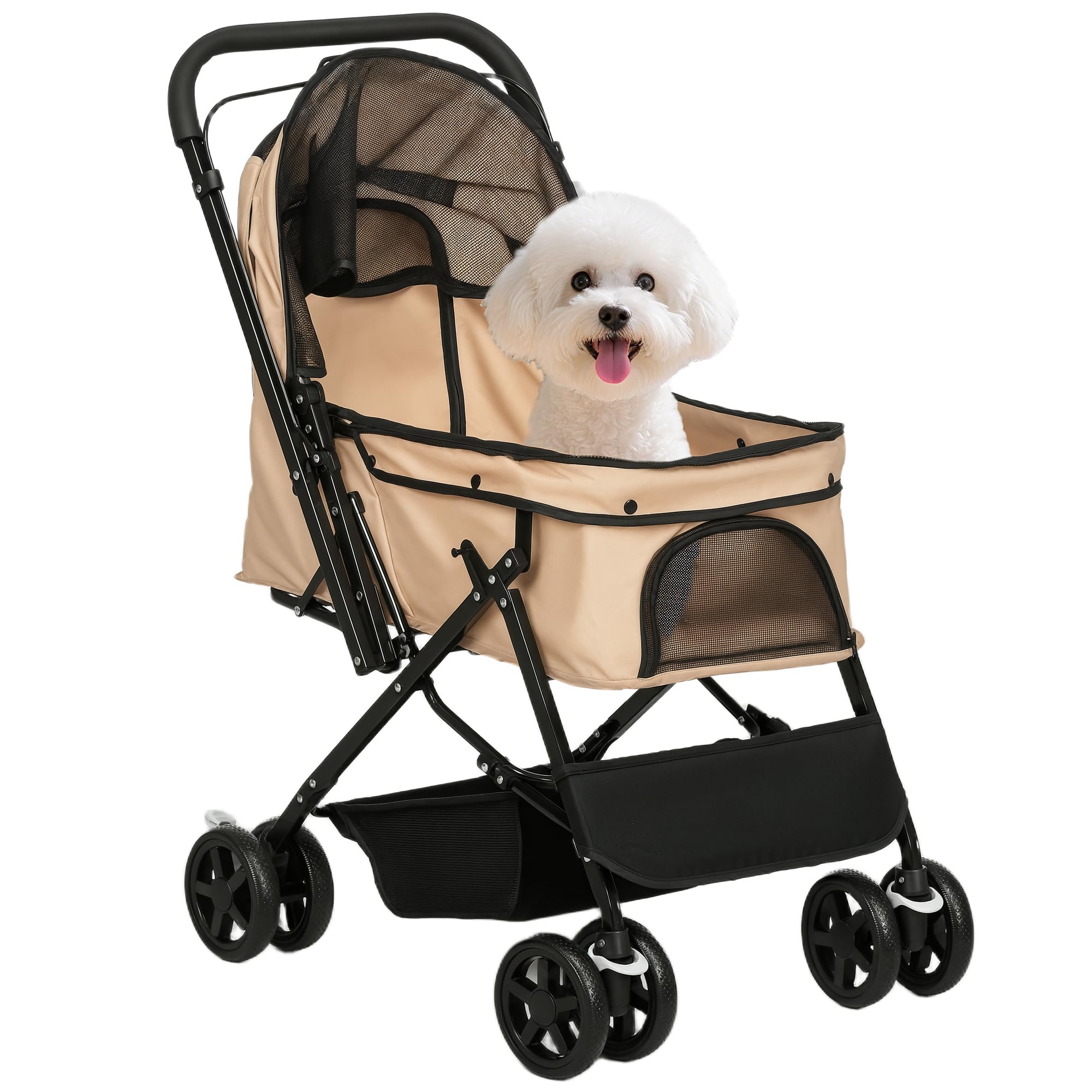 PawHut Carrito para Perros Plegable Carga 10 kg 76,5x52x95 cm Marrón | Cochecito para Perros Pequeños, Cochecito para Mascotas, Mango Reversible, Ventana de Malla, Cesta y Cuerda de Seguridad