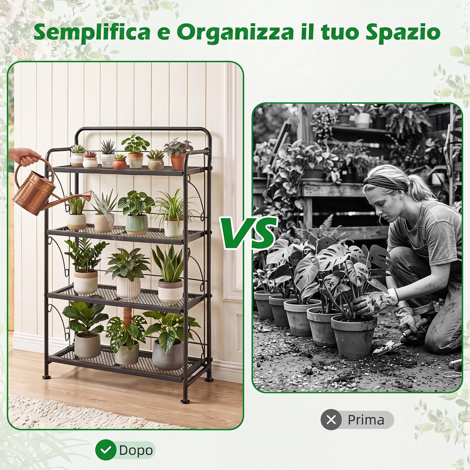 COSTWAY Scaffale Portafiori in Metallo, Scaffale per Piante Verticale con 4 Ripiani Pieghevoli, Espositore Multiuso da Interno ed Esterno, per Giardino, Terrazza e Balcone, 60 x 25 x 100 cm