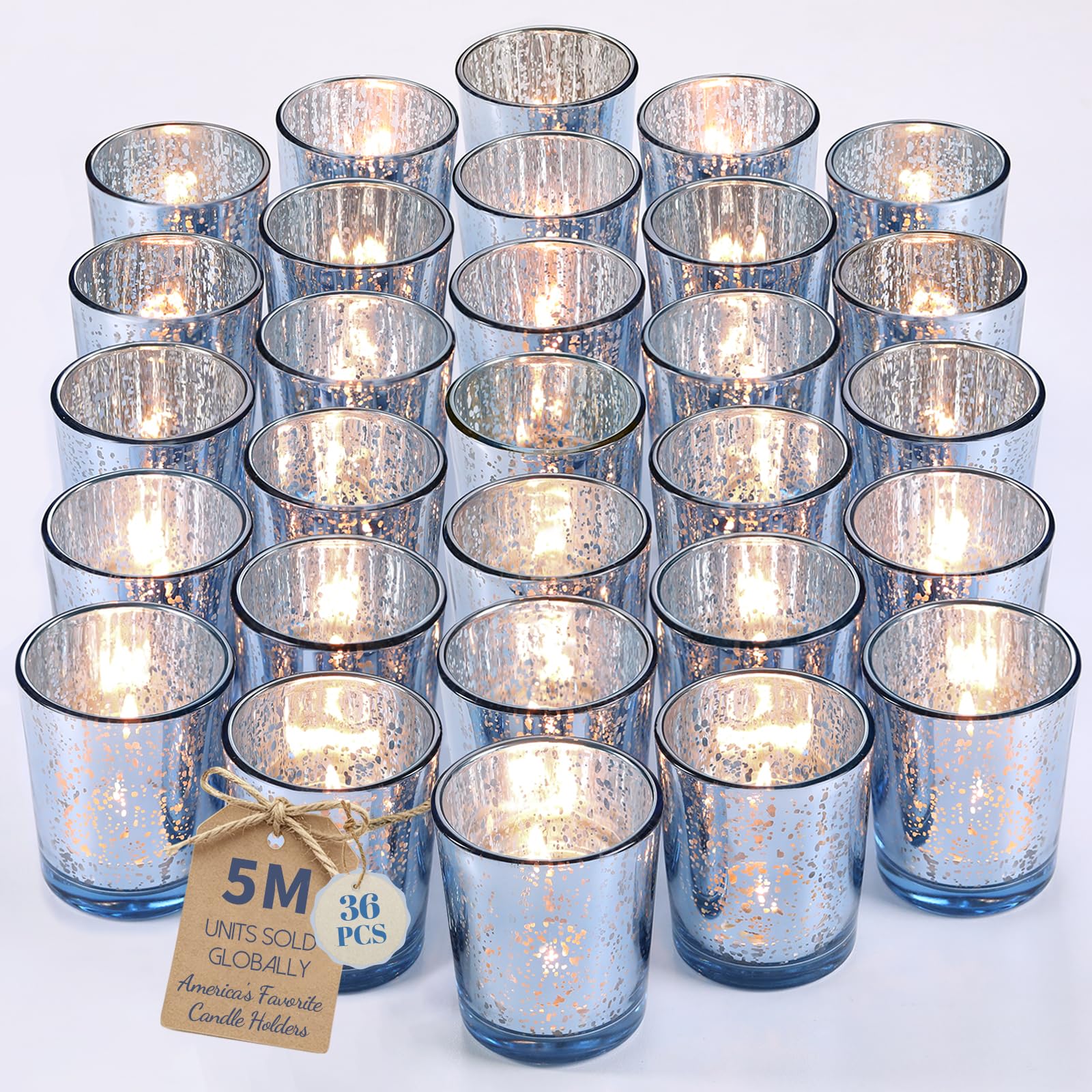 LETINE Blue Votive Candle Holders Set of 36 -Mercury Glass Candle Holders for Wedding &amp; Baby Shower Decor - Ideal for Bridal Shower &amp; Centerpieces for Tables
