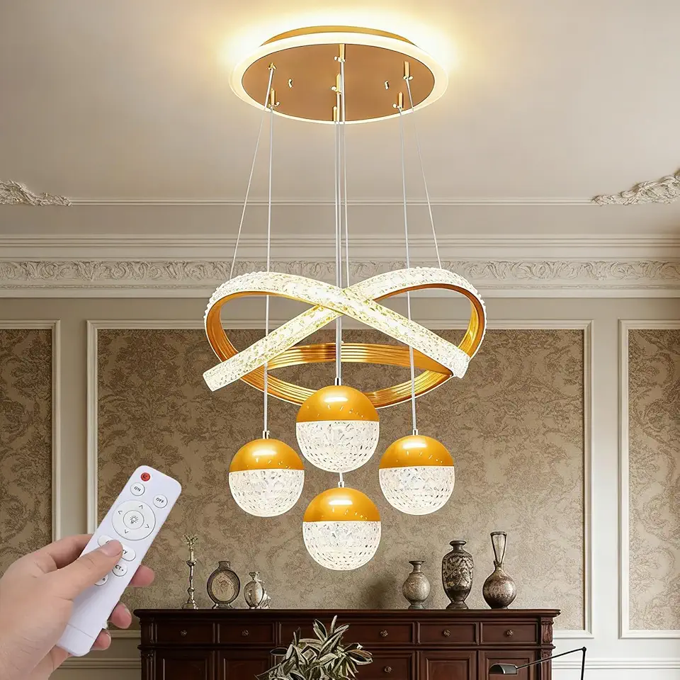 Lustre Moderno para Sala de Jantar Luminária Pendente de Teto LED 90W com Controle Remoto e Regulável Dimerizável para Sala de estar, Quarto Ajustável em altura (Dourado)
