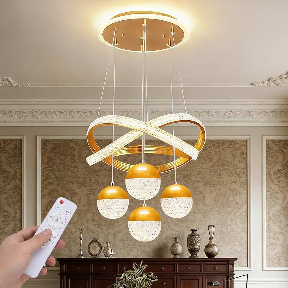 Lustre Moderno para Sala de Jantar Luminária Pendente de Teto LED 90W com Controle Remoto e Regulável Dimerizável para Sala de estar, Quarto Ajustável em altura (Dourado)