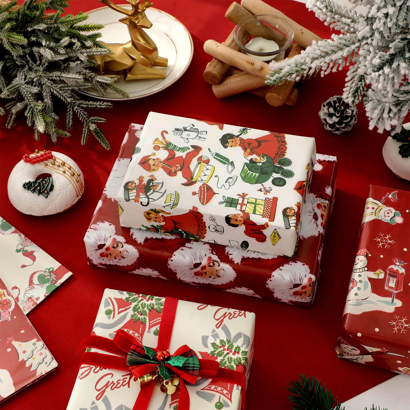 JarThenaAMCS Weihnachts-Geschenkpapier, 12 Bögen, keine Rolle, roter Weihnachtsmann, Schneemann, Geschenkpapier, flach gefaltet, saisonales Kunstpapier für Winter, Weihnachten, Geburtstag, Babyparty,