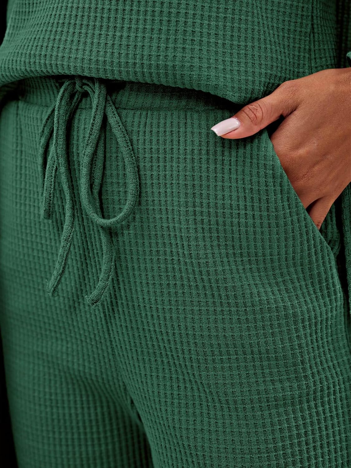 Eurivicy Womens Lounge Set Waffle Knit 3 Piece Pajama Sets Tank Tops Loose Pants with Long Cardigan Loungewear 2025 Dark Green - Image 5