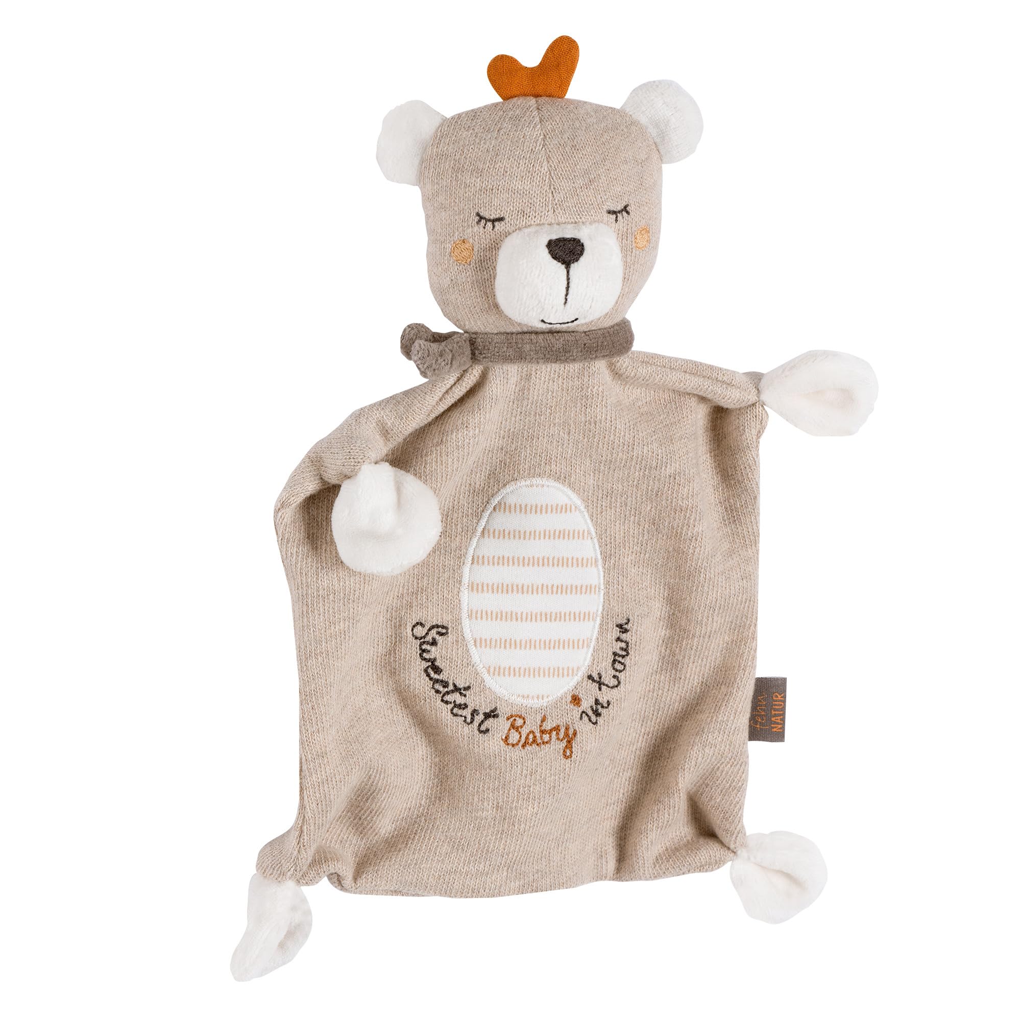 Fehn Schmusetuch Teddy Baby – Spielkamerad & Kuscheltier-Schnuffeltuch aus Baumwolle aus biologischem Anbau, individuell gestickter Slogan