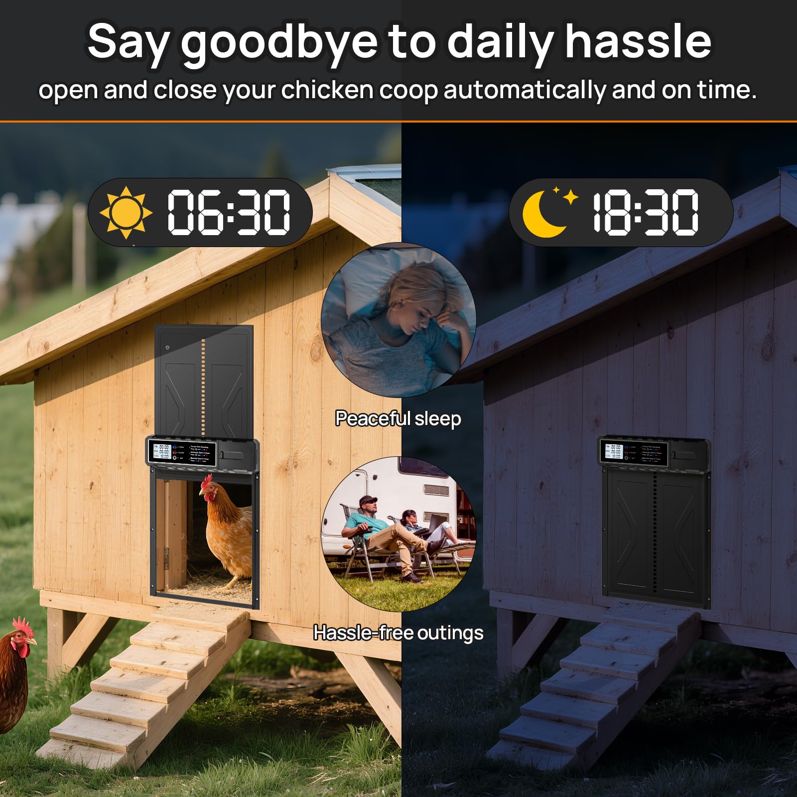 Porte automatique de poulet Coop avec minuteur LCD - Auto alimenté par batterie, porte de maison de poulet en aluminium à l'épreuve des prédateurs, résistante aux intempéries, facile à installer