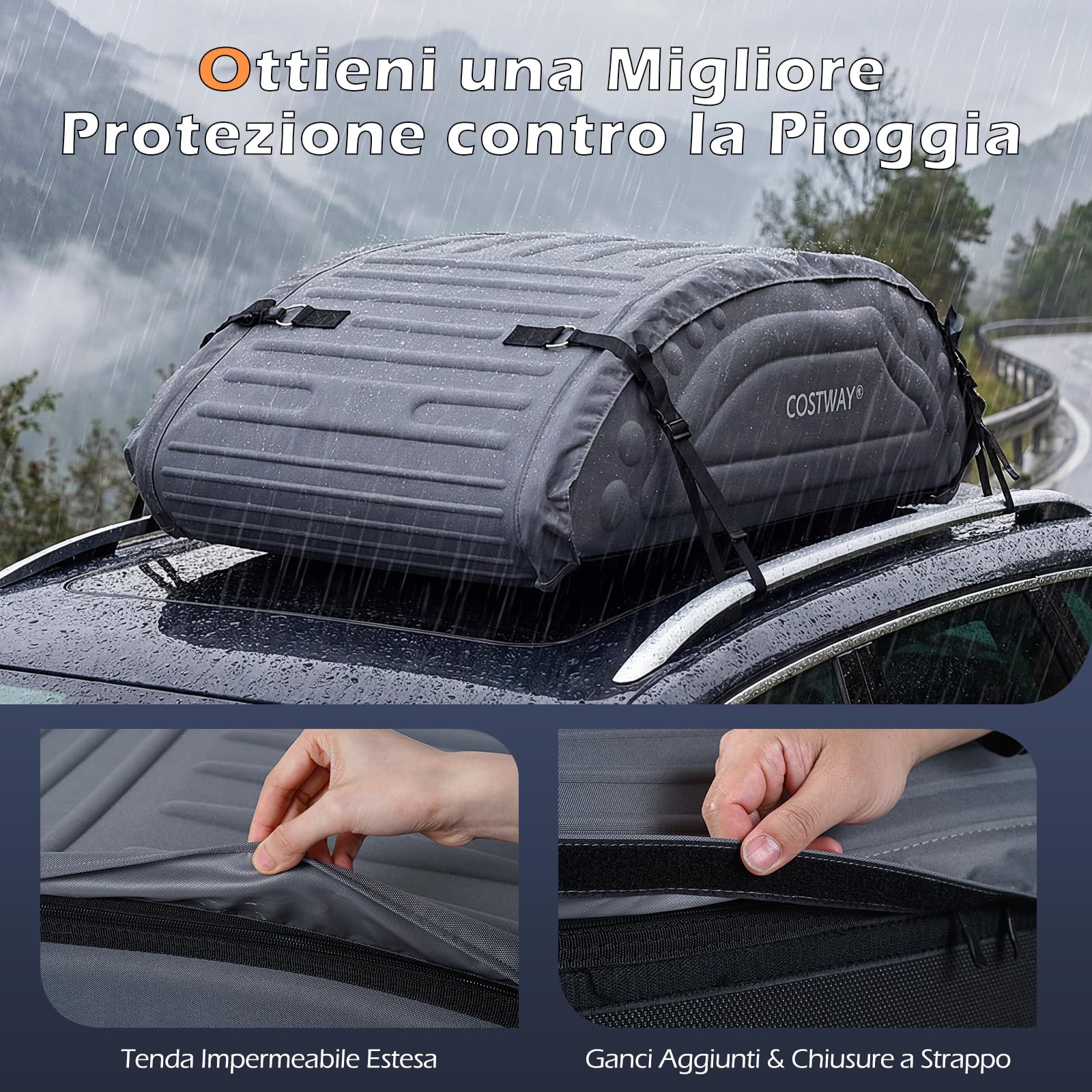 COSTWAY Borsa da Tetto per Auto Impermeabile 14Cu.Ft/400L, Box Tetto Universale Pieghevole con Borsa+ 4 Cinghie Rinforze+ 4 Ganci, Portabagagli per Tutti i Veicoli con/senza Barre Portapacchi (Grigio)