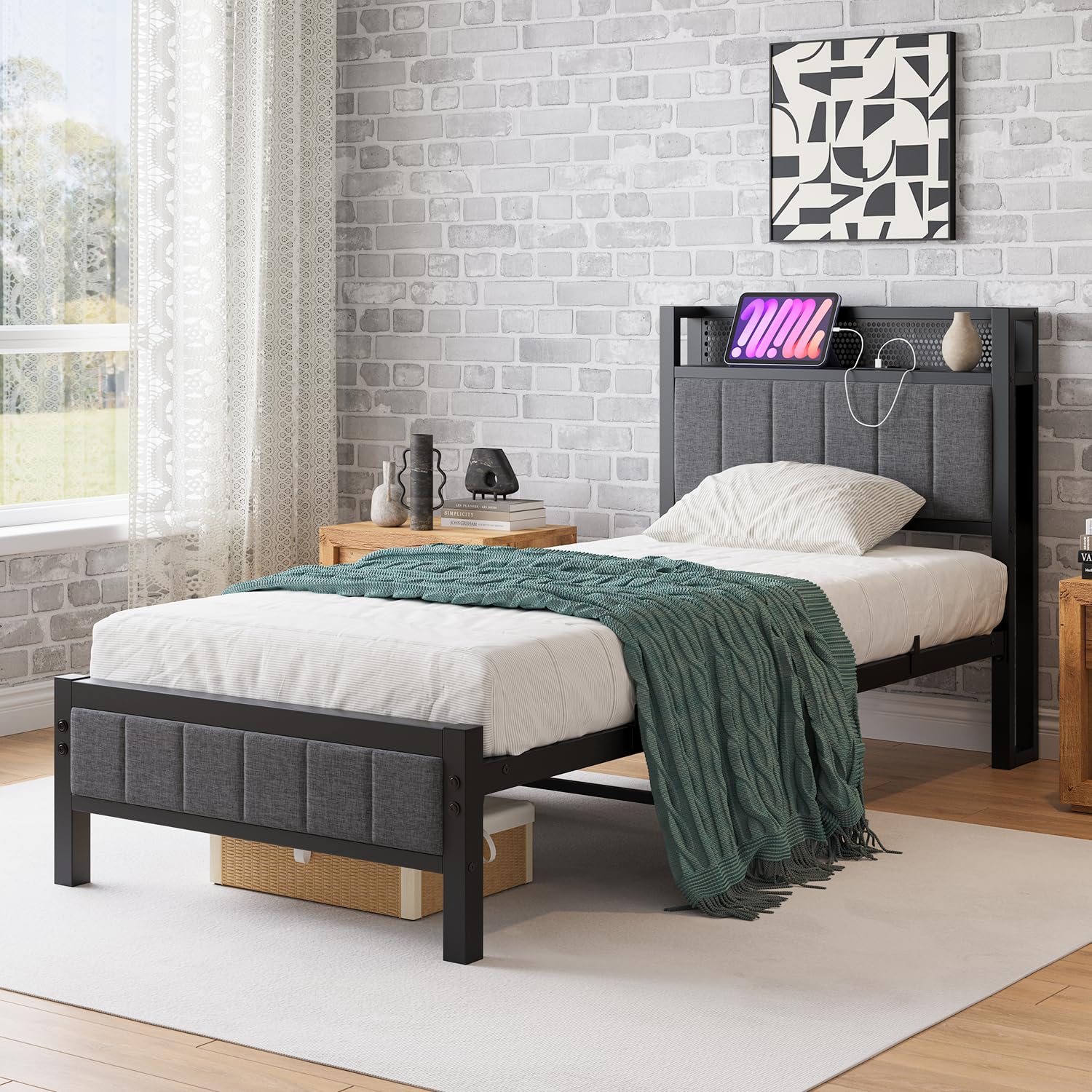 Bettrahmen mit Ladestation Einzelbett Gästebett Metallbett Polsterbett 90x200 Bettgestell aus Metall,Jugendbett mit Lattenrost Kopfteil in Grau,für Schlafzimmer Gästezimmer