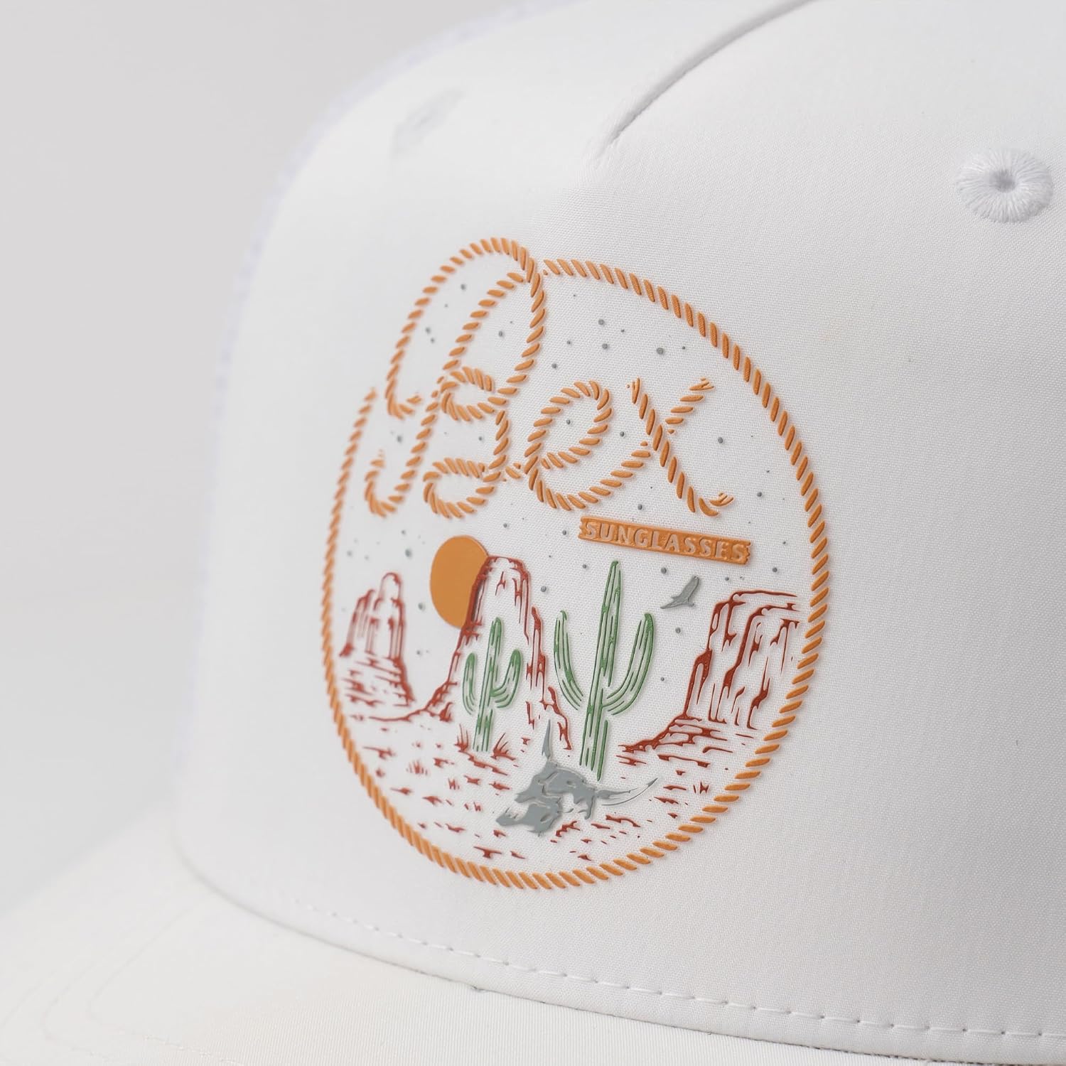 BEX Sierra26 Trucker Hat - 5 Panel Curved Bill Snapback Cap with Suede Undervisor & Western Patch - Breathable Mesh Baseball Cap for Men Women - Quartz White Tan