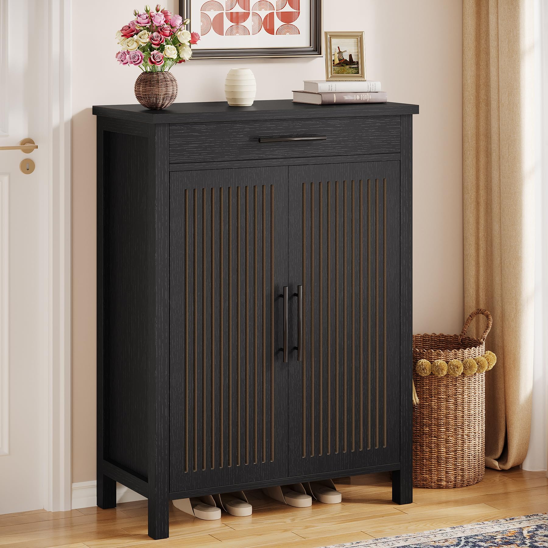 Tribesigns Shoe Cabinet, 5-Tier Shoe Storage Cabinet with Louvered Doors and Drawer, Freestanding Wooden Shoe Rack Organizer with Adjustable Shelves for Entryway, Hallway, Closet, Black