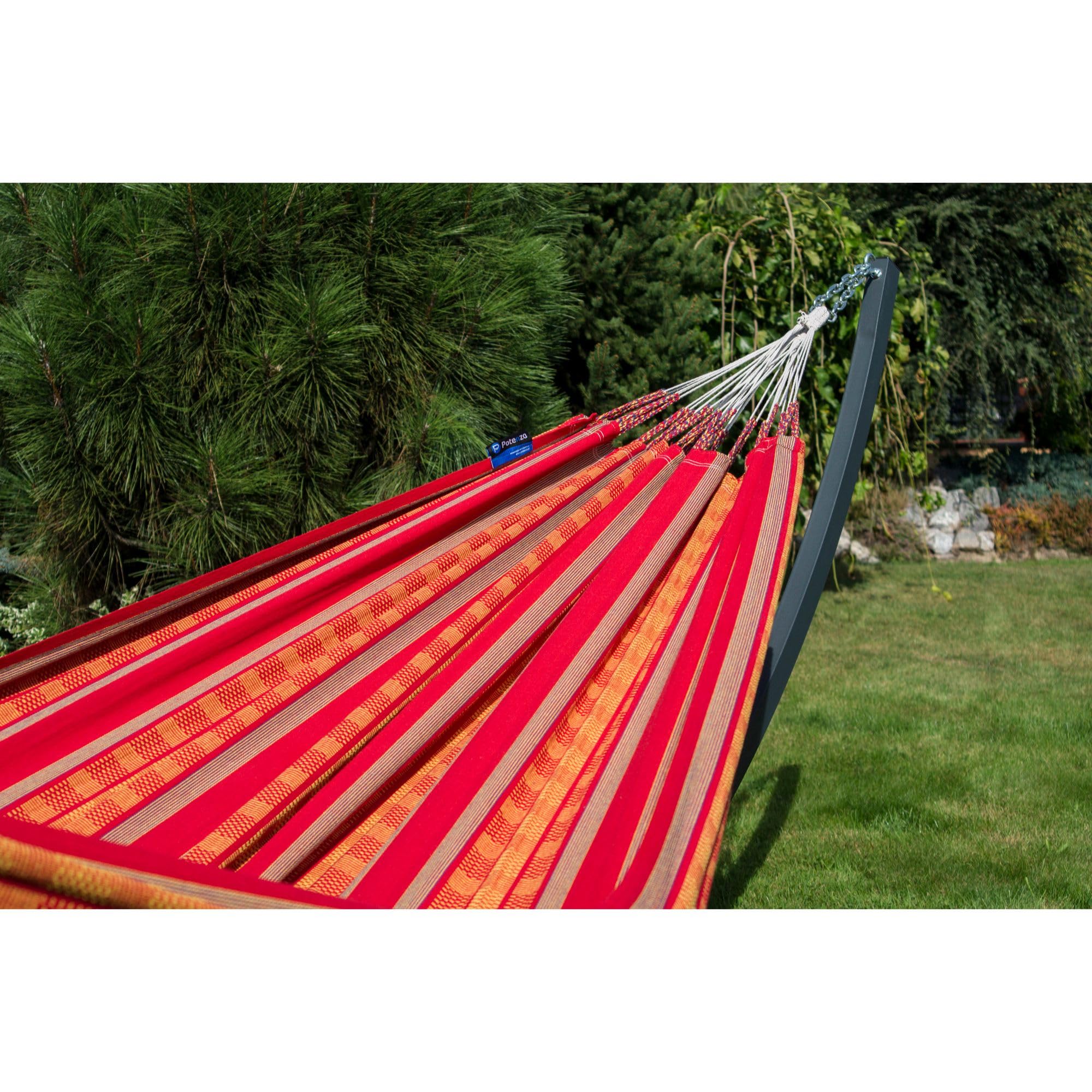Potenza Amaca da Giardino con Supporto in Acciaio ZINCATO A CALDO – Amaca Doppia 220x140 cm, 160 kg in 100% Cotone con Struttura lunga 365 cm, Portata 220 kg, con Telaio Resistente alle Intemperie