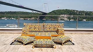 Yellow Sofa Cushions, Arabic Majlis, Arabic Floor Couch, Reading Loveseat, 8"/4'' Thickness Moroccan Floor Seating Set, Moroccan Home Decor Cushion (Sofa + Ottoman + Pillows, 4'' Thickness (10 cm))