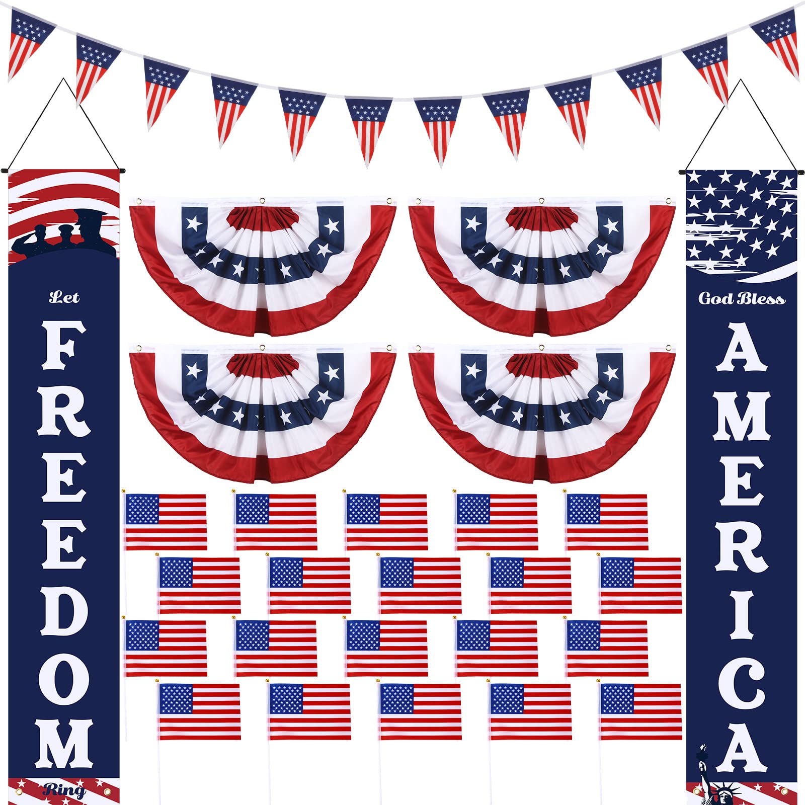 26 Pcs 4th of July Outdoor Decorations 2 Hanging American Flag Banners 4 USA Pleated Bunting Flags 20 Mini Patriotic Hand Held Flags 1 Pennant