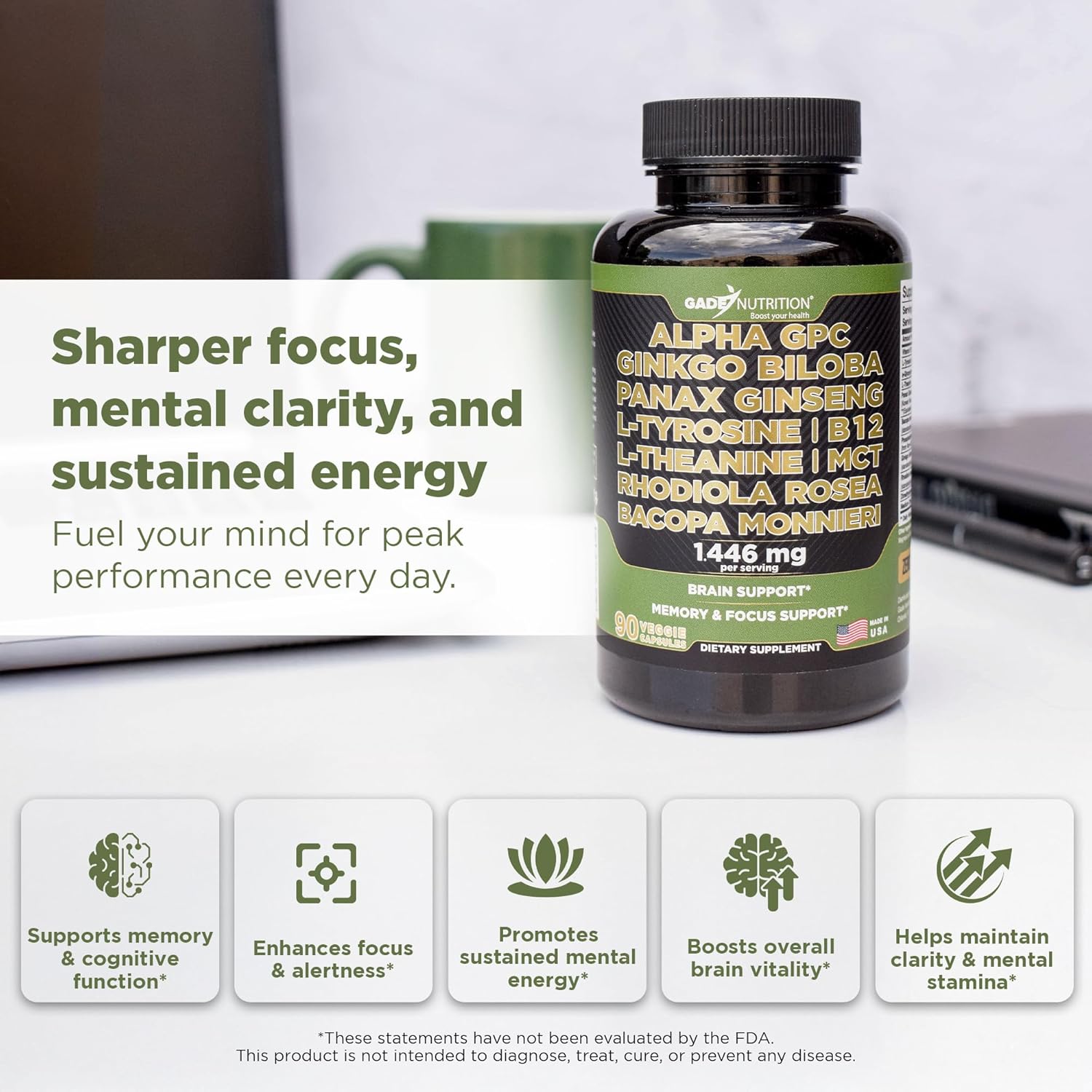 Gade Nutrition Alpha GPC + Ginkgo Biloba + Panax Ginseng + L- Tyrosine, L-Theanine, Bocopa Monnieri, Rhodiola Rosea, B12, MCT