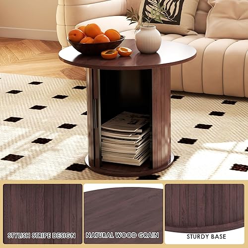 Miniatura 6 de Mesa auxiliar redonda de madera de 23.6 pulgadas con almacenamiento oculto y puerta corrediza, juegos de mesa auxiliar circular de granja para sala