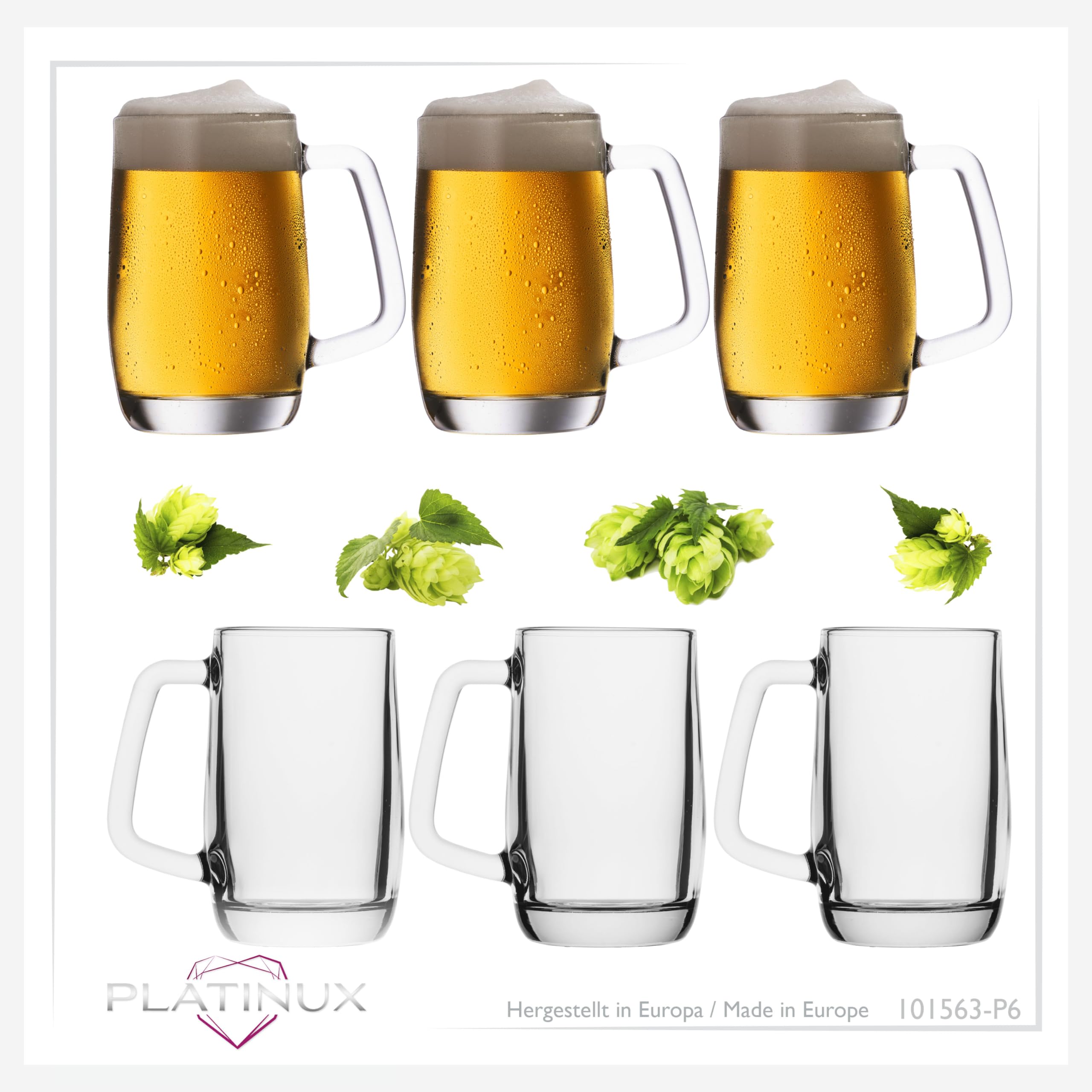 PLATINUX Juego de 6 jarras de cerveza con asa de cristal, 300 ml (máx. 375 ml)