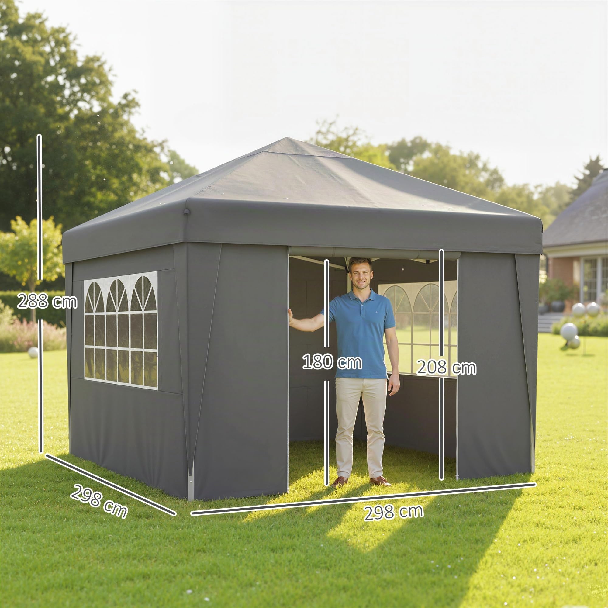 Outsunny Tonnelle de Jardin Pop-Up Pliante Anti-UV 30 + 3 x 3 m Gris Foncé | Tonnelle Barnum, Tente de Réception, avec Fenêtres, Parois Latérales, Sac de Transport, Sacs de Sable