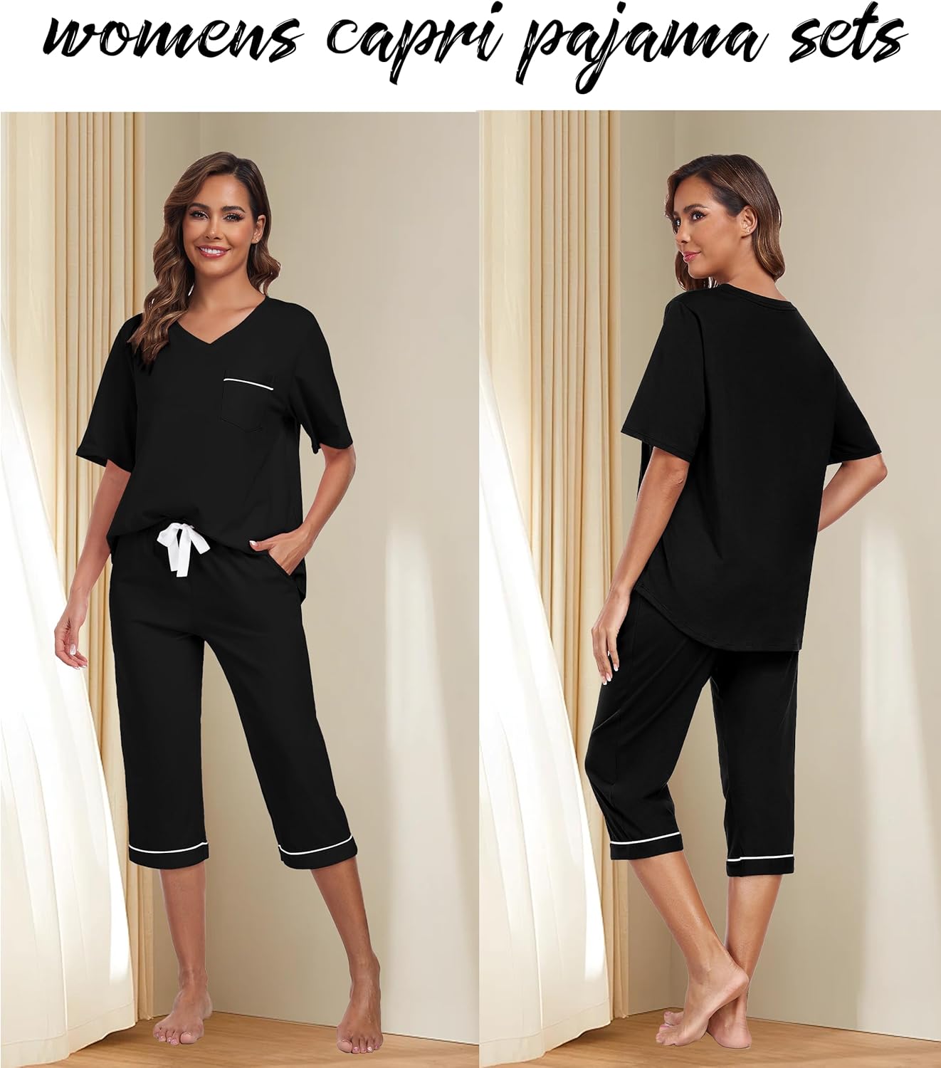 ANLIQI Women's 100% Cotton Pajama Sets Pjs Sleepwear for Women 2 piece Short Sleeve with Capri Pants Soft & Comfy Lounge Set - Image 3