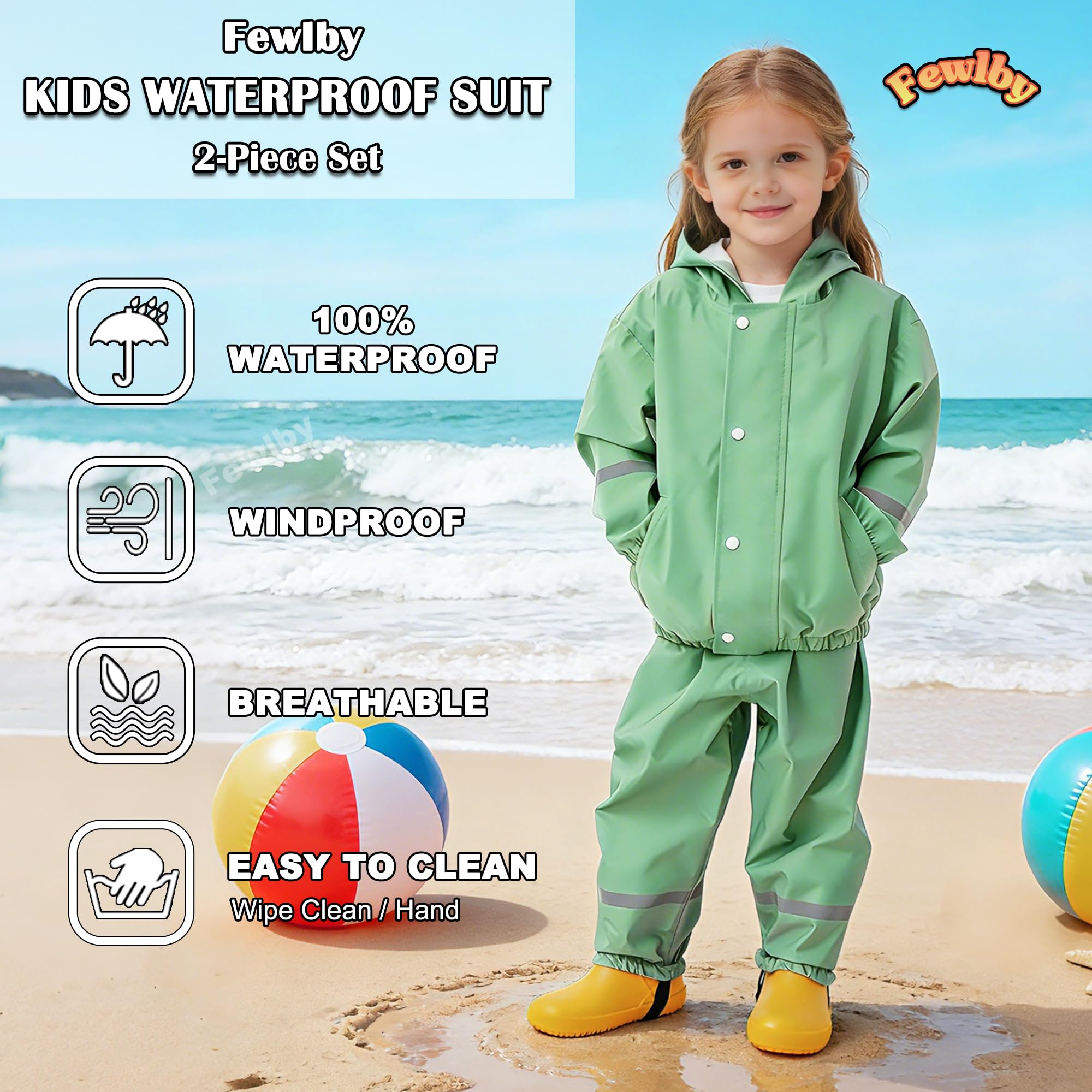 Fewlby Regenanzug Kinder Matschanzug, Mädchen Jungen Regenjacke und Regenhose Regen-Anzug 2PCS Set, Wind- und wasserdichte Zweiteiliger Regenbekleidung