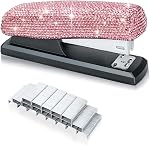 1pcs Bling Crystal Stapler with 1000 Staples Handmade Diamond Stapler Clay Rhinestones Machine Cute Staplers Pretty Office Stationery Kit (Pure Pink)